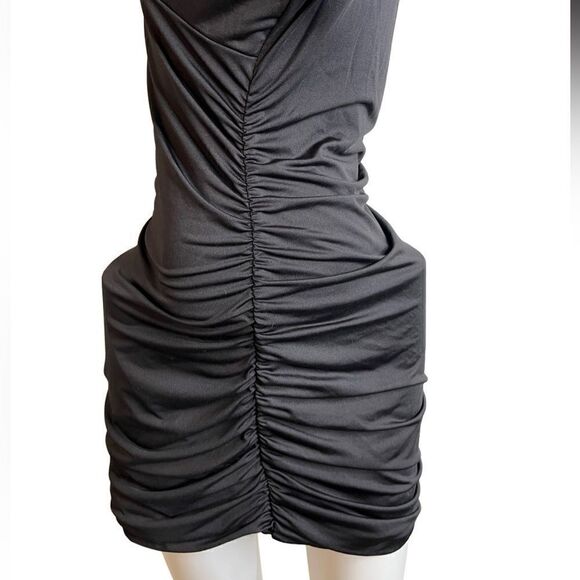Plunging V Neck Ruched Cocktail Dress Black Size Large - Picture 4 of 4